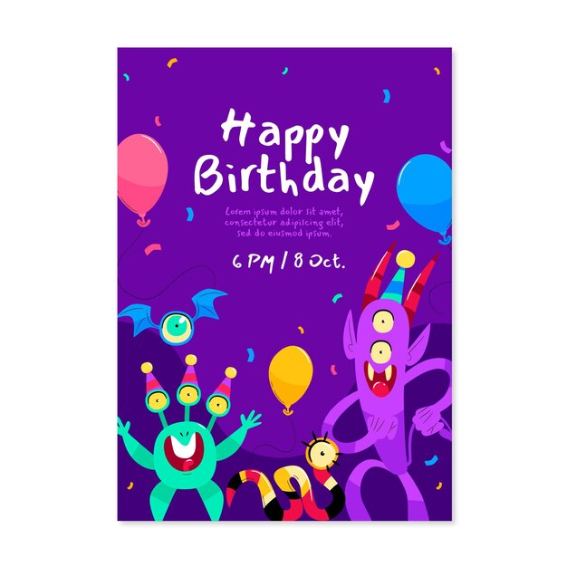 Plantilla de invitación de cumpleaños de monstruo dibujado a mano