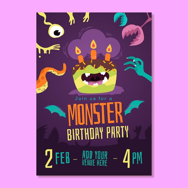 Vector gratuito plantilla de invitación de cumpleaños de monstruo de dibujos animados