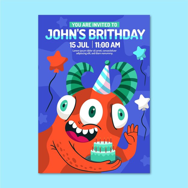 Plantilla de invitación de cumpleaños de monstruo de dibujos animados