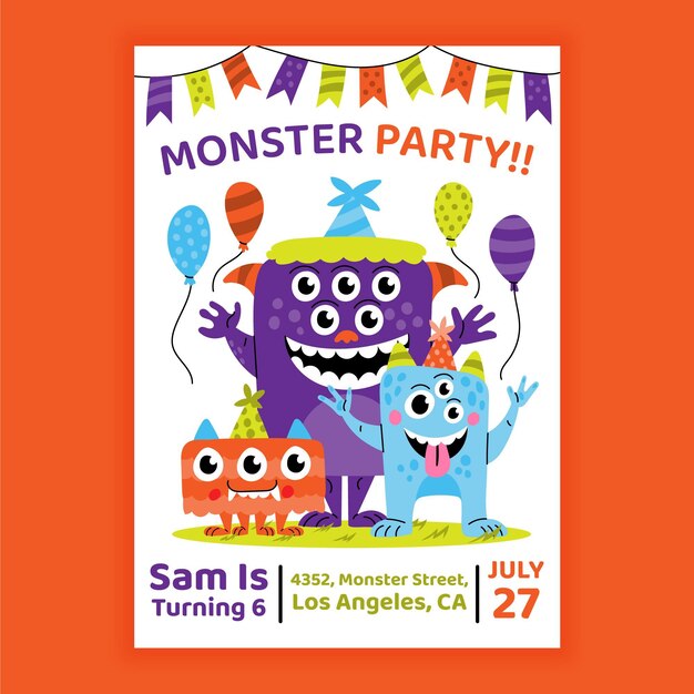 Plantilla de invitación de cumpleaños de monstruo de dibujos animados