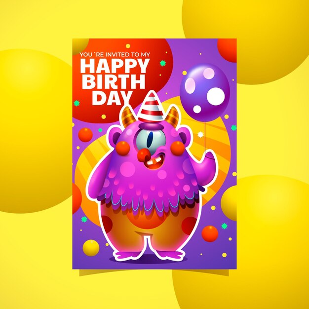 Plantilla de invitación de cumpleaños de monstruo de dibujos animados