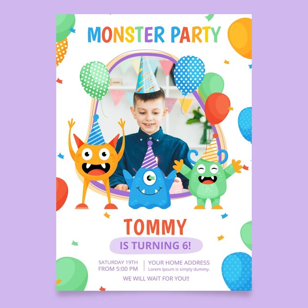 Plantilla de invitación de cumpleaños de monstruo con foto