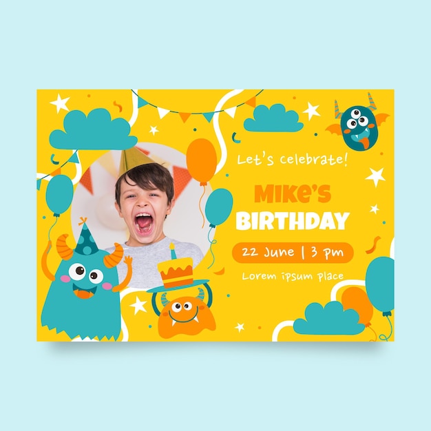 Plantilla de invitación de cumpleaños de monstruo con foto