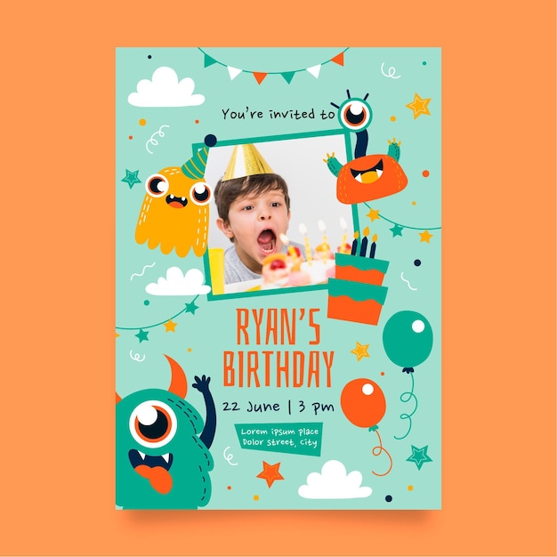 Vector gratuito plantilla de invitación de cumpleaños de monstruo con foto