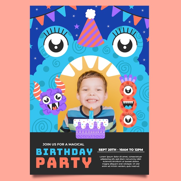 Vector gratuito plantilla de invitación de cumpleaños de monstruo con foto