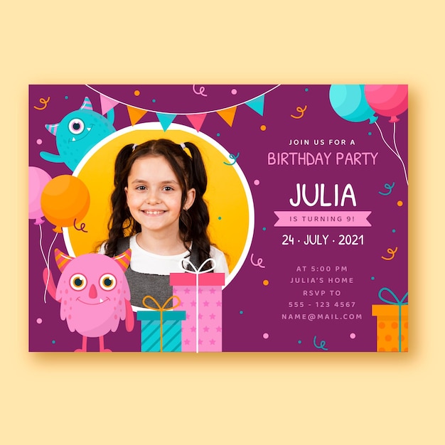 Vector gratuito plantilla de invitación de cumpleaños de monstruo plano con foto