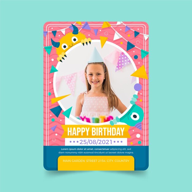Plantilla de invitación de cumpleaños de monstruo plano con foto