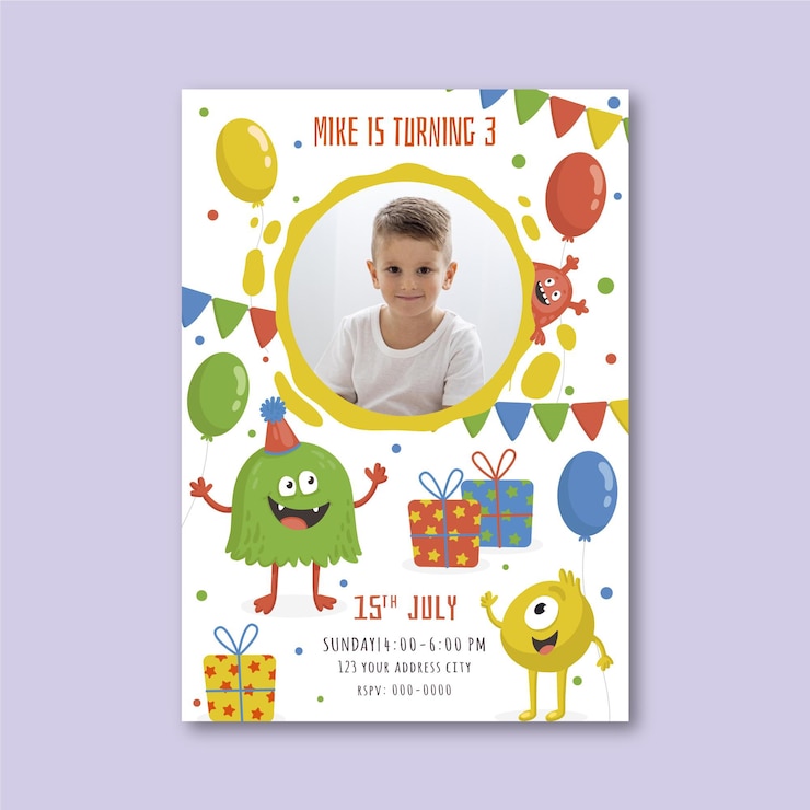 Vector gratuito plantilla de invitación de cumpleaños de monstruo plano con foto
