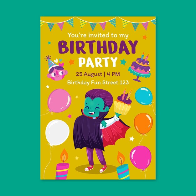 Plantilla de invitación de cumpleaños de monstruo plano