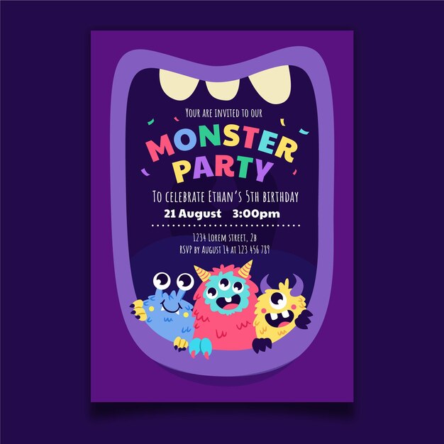 Plantilla de invitación de cumpleaños de monstruo plano