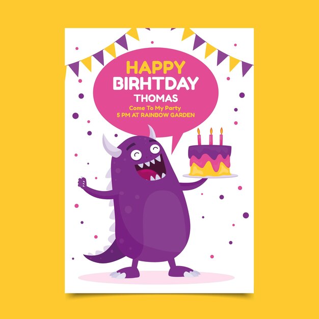 Plantilla de invitación de cumpleaños de monstruo plano