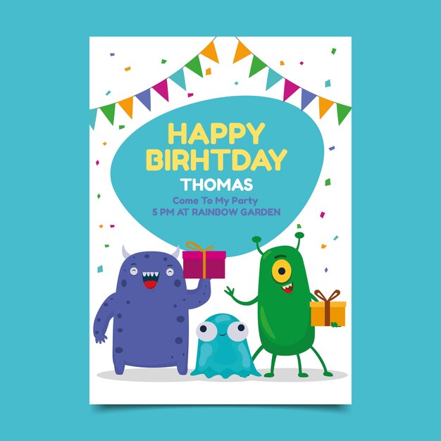 Plantilla de invitación de cumpleaños de monstruo plano