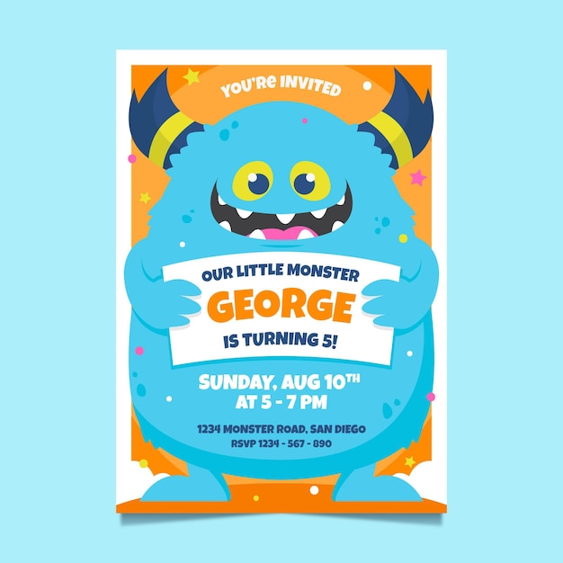 Vector gratuito plantilla de invitación de cumpleaños de monstruo