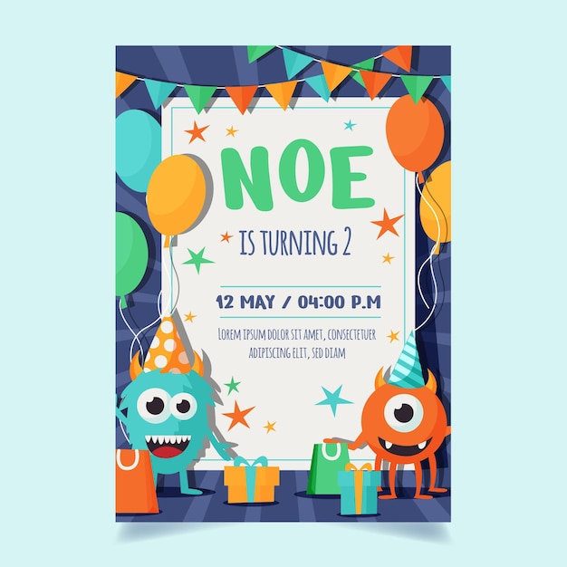 Plantilla de invitación de cumpleaños de monstruos dibujados a mano