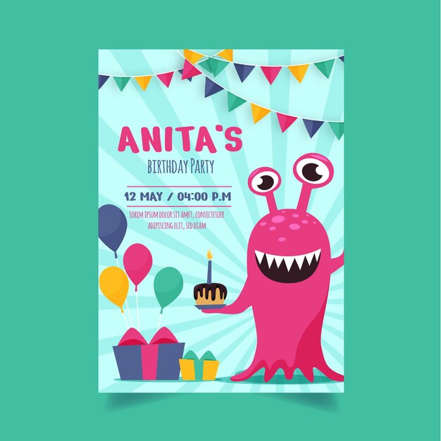 Plantilla de invitación de cumpleaños de monstruos dibujados a mano