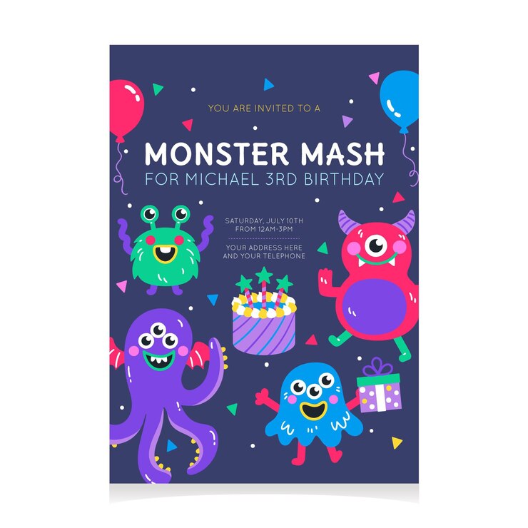 Vector gratuito plantilla de invitación de cumpleaños de monstruos de dibujos animados