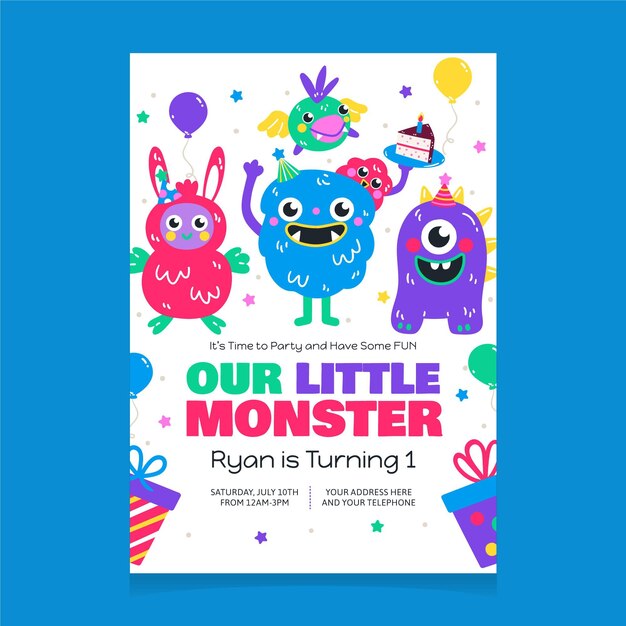 Plantilla de invitación de cumpleaños de monstruos de dibujos animados