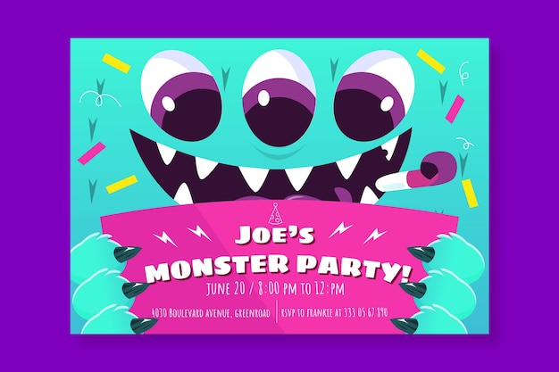 Vector gratuito plantilla de invitación de cumpleaños de monstruos de dibujos animados