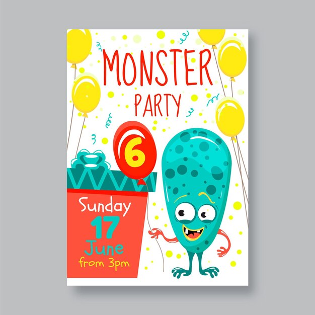 Plantilla de invitación de cumpleaños de monstruos de dibujos animados