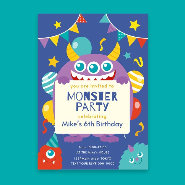 Plantilla de invitación de cumpleaños de monstruos planos