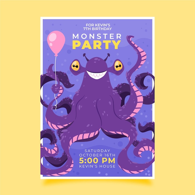 Vector gratuito plantilla de invitación de cumpleaños de monstruos planos