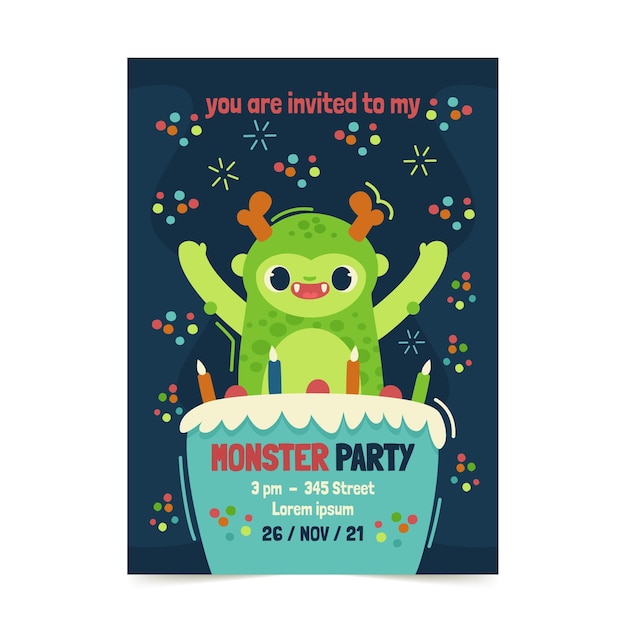 Plantilla de invitación de cumpleaños de monstruos planos