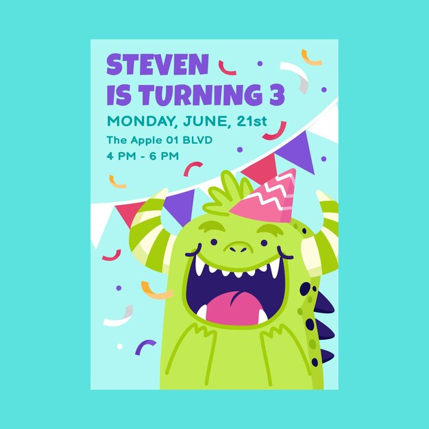 Plantilla de invitación de cumpleaños de monstruos planos
