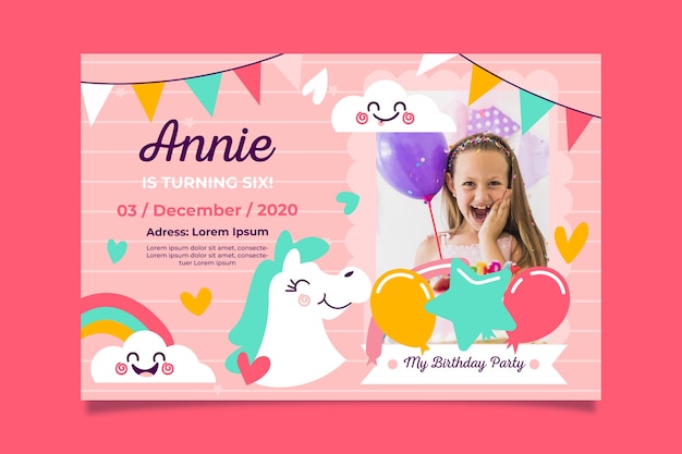 Plantilla de invitación de cumpleaños de niña con foto