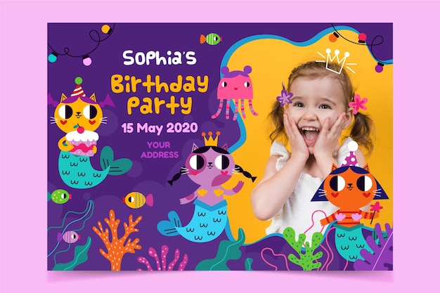 Vector gratuito plantilla de invitación de cumpleaños para niña con foto