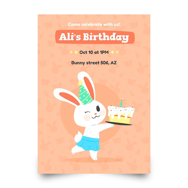 Vector gratuito plantilla de invitación de cumpleaños para niños con conejo