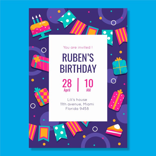 Plantilla de invitación de cumpleaños para niños con elementos ilustrados