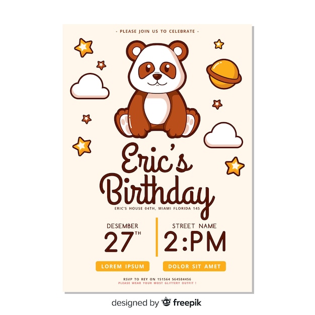 Vector gratuito plantilla de invitación de cumpleaños para niños con fecha y hora
