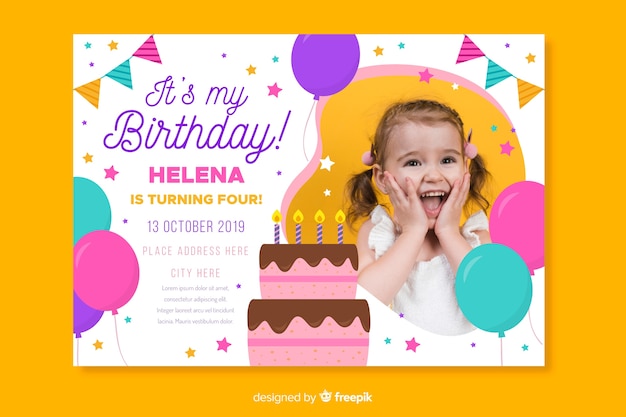 Plantilla de invitación de cumpleaños para niños con foto | Vector Gratis