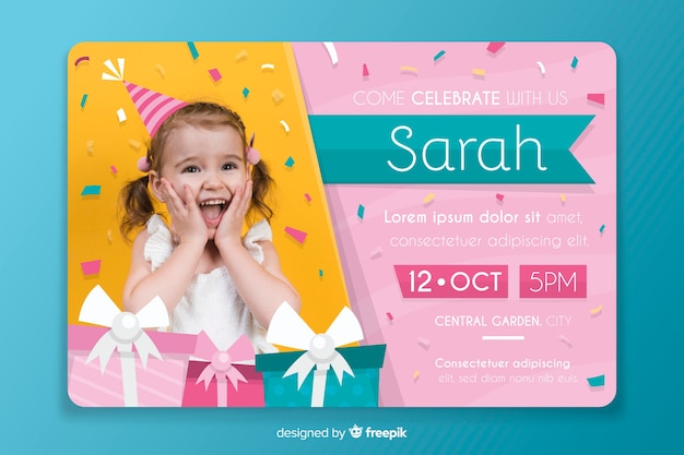 Vector gratuito plantilla de invitación de cumpleaños para niños con imagen