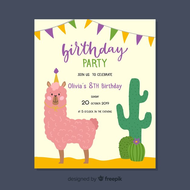 Plantilla de invitación de cumpleaños para niños con lama