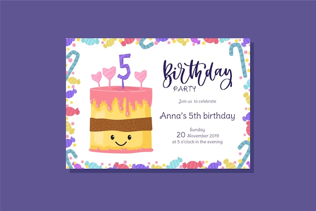Vector gratuito plantilla de invitación de cumpleaños para niños con pastel