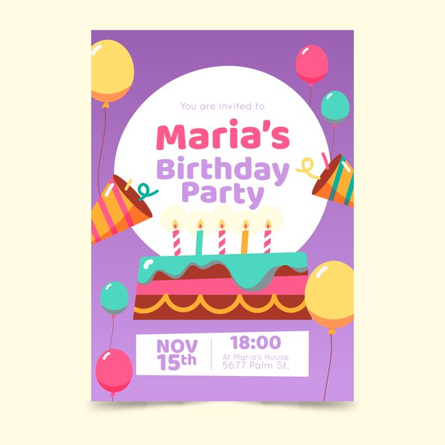 Plantilla de invitación de cumpleaños para niños con pastel
