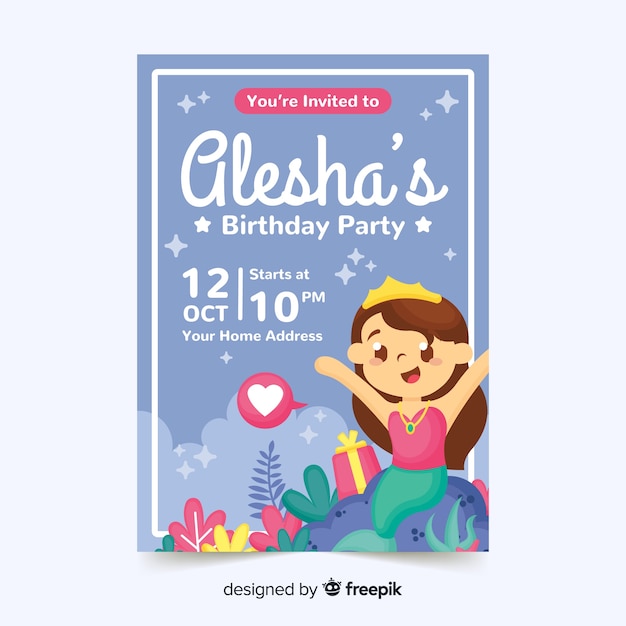 Vector gratuito plantilla de invitación de cumpleaños para niños con sirena