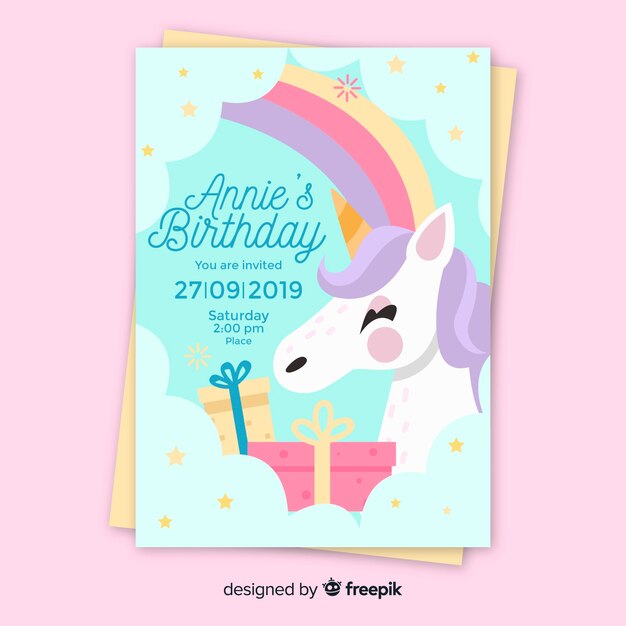 Plantilla de invitación de cumpleaños para niños con unicornio
