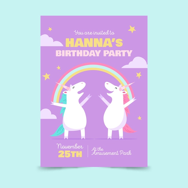 Plantilla de invitación de cumpleaños para niños con unicornios