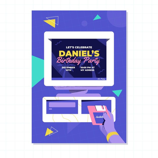 Plantilla de invitación de cumpleaños nostálgica de los 90 en diseño plano