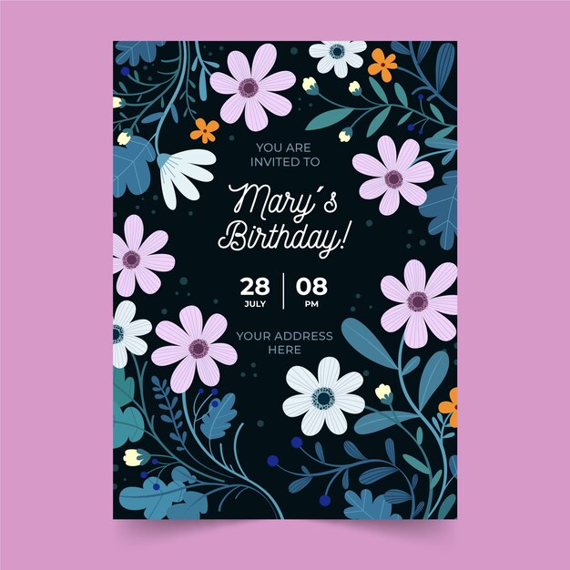 Plantilla de invitación de cumpleaños oscuro con flores