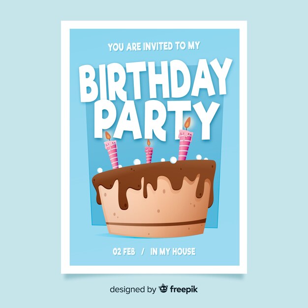 Plantilla de invitación de cumpleaños de pastel de diseño plano
