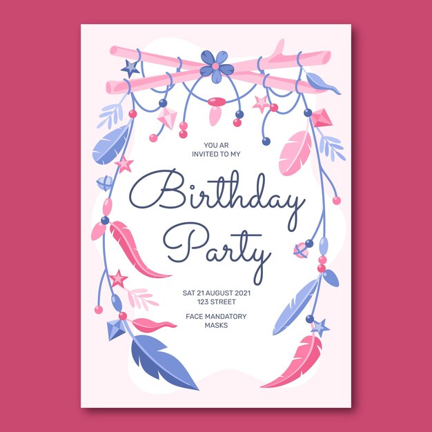 Plantilla de invitación de cumpleaños plana boho