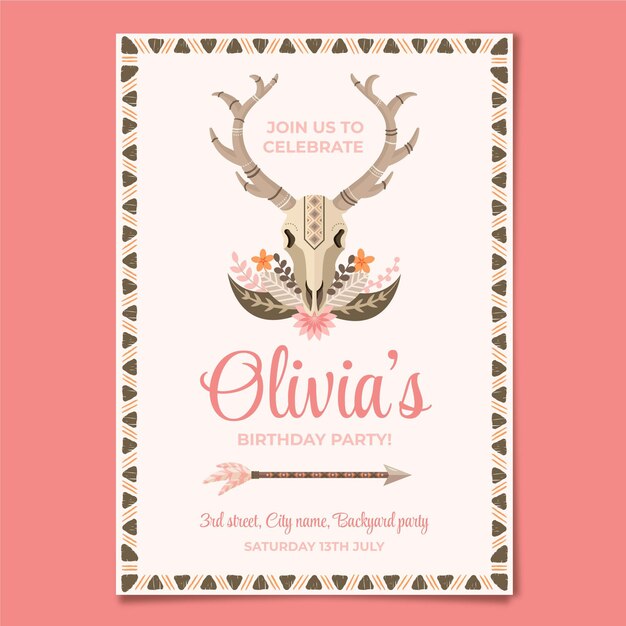 Plantilla de invitación de cumpleaños plana boho