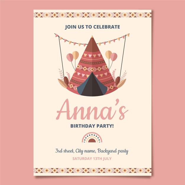 Plantilla de invitación de cumpleaños plana boho