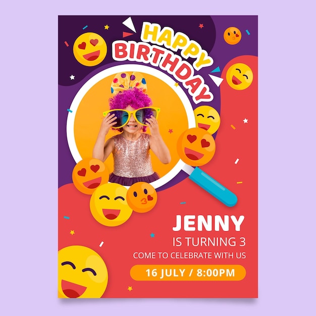 Plantilla de invitación de cumpleaños plana emoji con foto