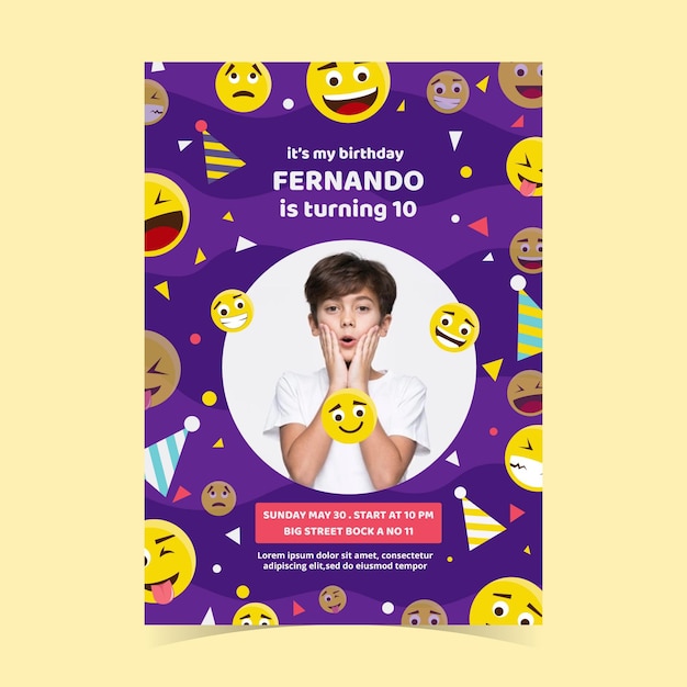 Plantilla de invitación de cumpleaños plana emoji con foto