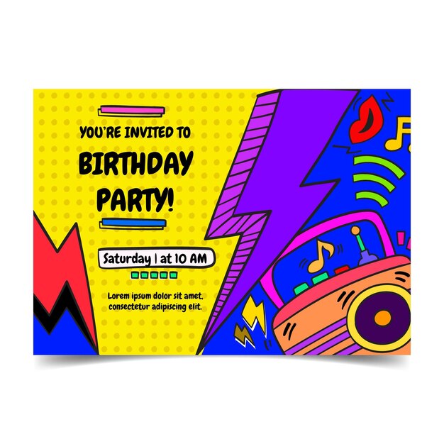 Plantilla de invitación de cumpleaños plana nostálgica de los 90 dibujada a mano
