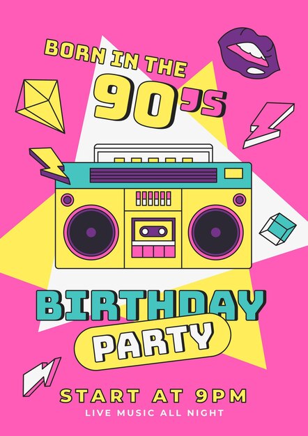 Plantilla de invitación de cumpleaños plana nostálgica de los 90